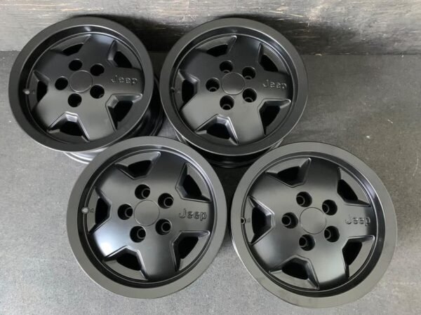 (4) Jeep (1987-1995) Classic Black Powder Coat Wheels Rims + Caps 15" Hol.1512